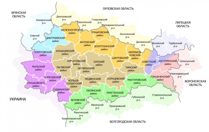 Курс область на карте. Карта Курской обл с районами. Курская область карта с районами. Курская область на карте областей.